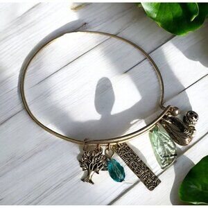 Silver Tone Sloth Enjoy Life Charm Bangle With Leaf & Tree Charms Adjustable